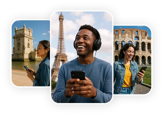 An asian woman in Belém Tower, in Lisbon; a black guy at Eiffel Tower, in Paris; and white woman at Colosseum, in Rome. They are all smiling and using earphones or a headphone.